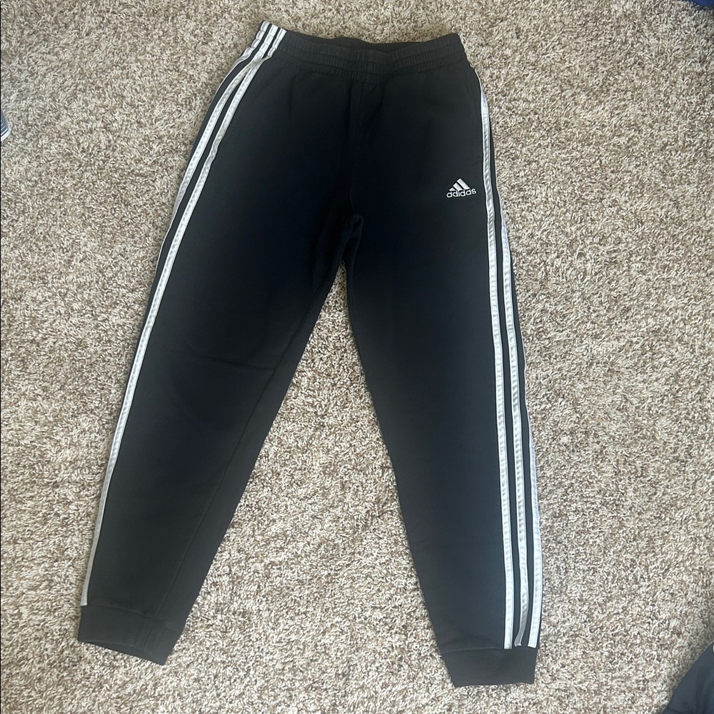 Adidas Boys Large Black Joggers with White Stripes